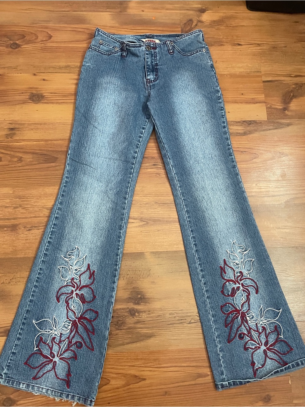 Vintage Embroidered Flare Jeans - Blue with Red Floral Detail